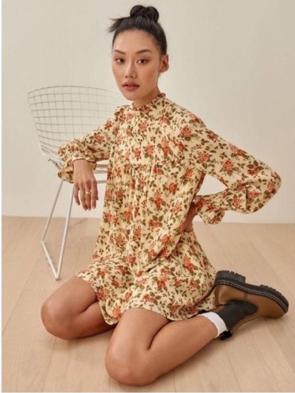 Reformation Jourdan Cream Floral Mini Dress | Long Sleeve Cottagecore